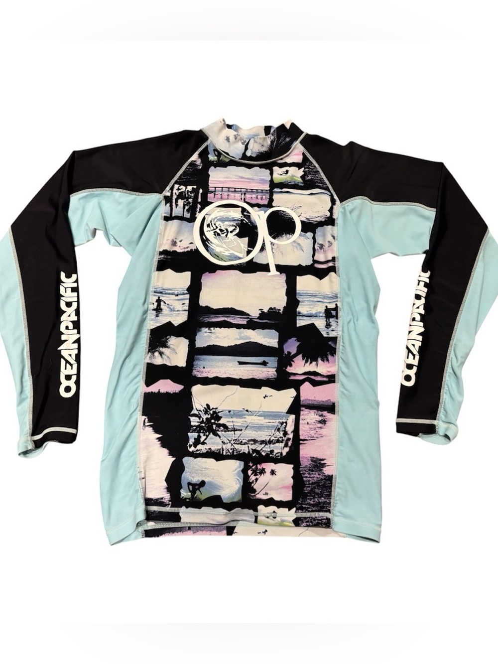 Ocean Pacific long-sleeve rash guard Youth size medium-large blue palm trees